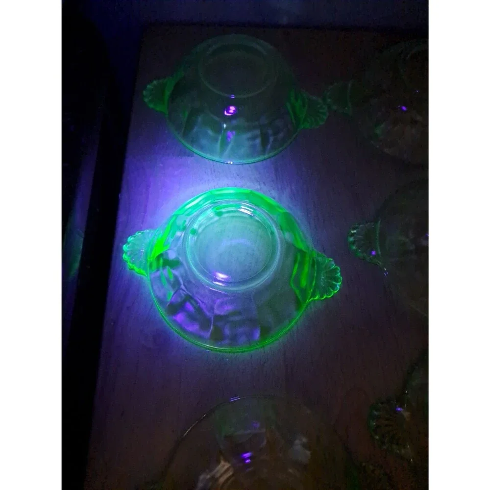 6 Vintage Uranium Glass Berry Dessert Bowls with Handles